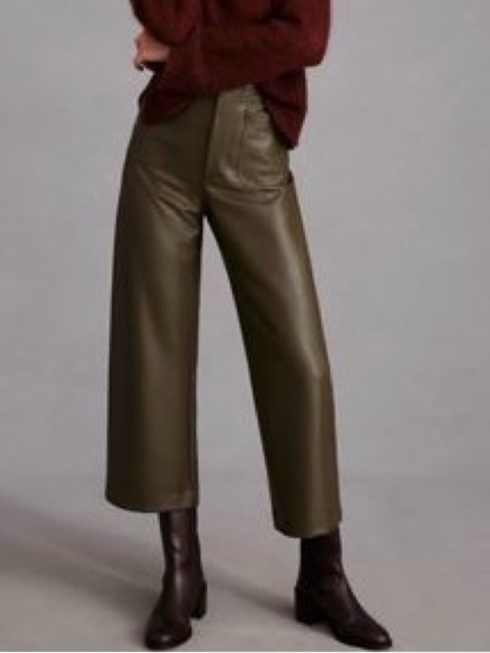 Anthropologie Maeve Colette Vegan Leather Cropped Wide Leg Pants Moss 29